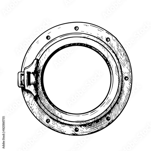 Vintage sketch of a round porthole with bolts and a locking mechanism  