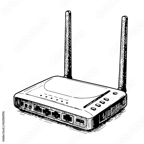 Vintage sketch of a wireless router with antennas and ports  