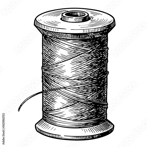 Vintage sketch of a thread spool with detailed linework and texture  