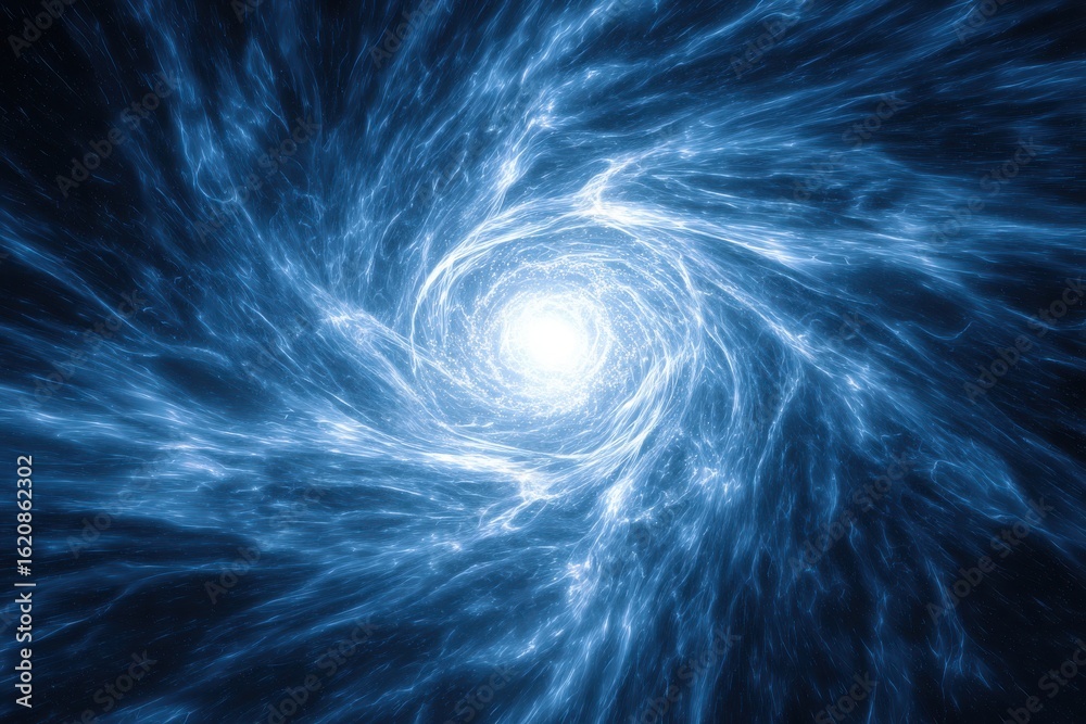 Obraz premium An abstract swirling vortex of bright blue energy light creates a mesmerizing tunnel effect leading to a radiant center point of intense illumination.