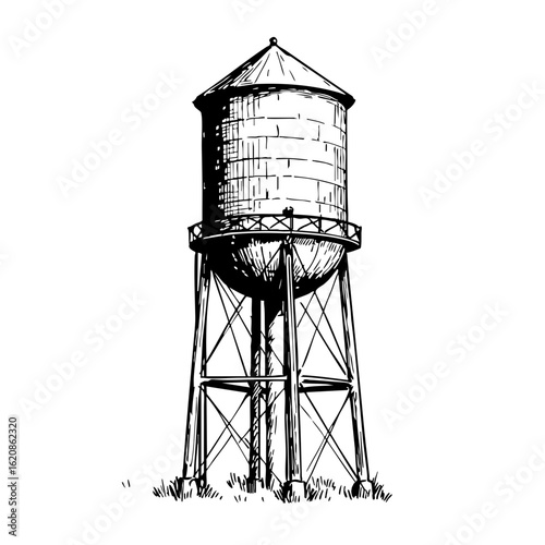 Vintage sketch of a water tower on a metal support structure  