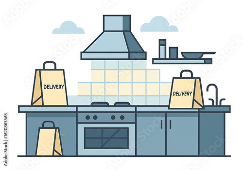 food delivery bags on kitchen counter with stove oven and hood flat vector illustration takeout service