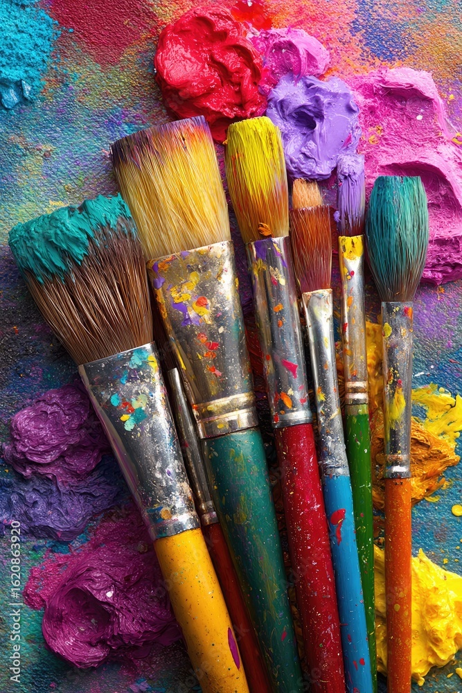 Fototapeta premium Colorful paintbrushes on a vibrant palette (1)