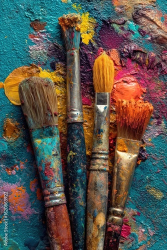 Four used paintbrushes, splattered with vibrant paint, on a textured teal surface