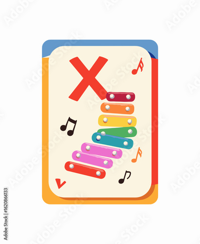 Letter X with an illustration of a xylophone and musical notes on an educational flashcard