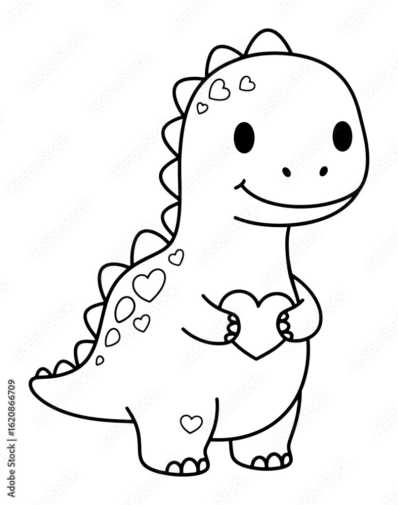 Fototapeta premium Cute Dinosaur Holding a Heart Line Art Illustration