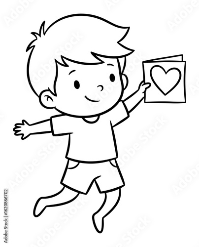 Illustration of a Cartoon Boy Joyfully Holding Up a Heart Card in Outlined Vector Format
