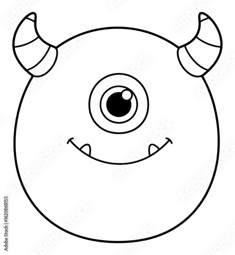 Cartoon One-Eyed Monster Head with Horns, Simple Black and White Outline