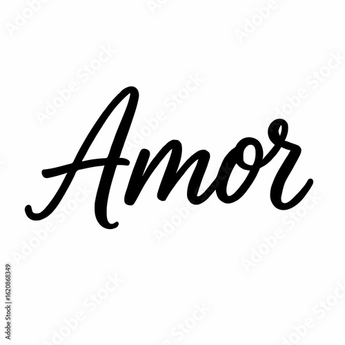 Elegant black cursive Amor on white background. Love, Valentine’s Day, weddings. Vector