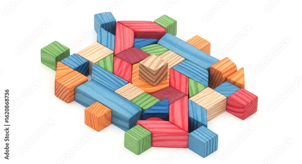 Obraz premium Colorful Wooden Block Puzzle - A vibrant arrangement of colorful wooden blocks forming an intricate puzzle pattern. Ideal for education and play