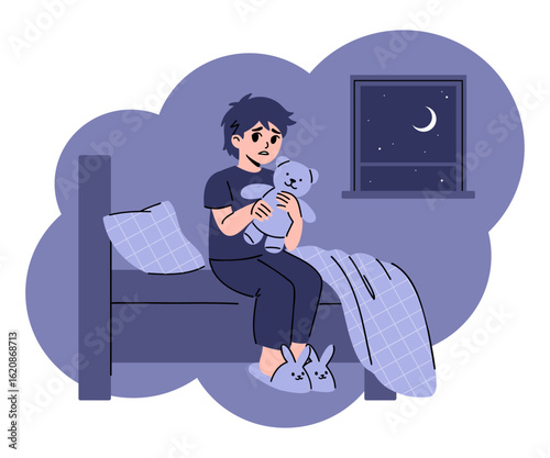 Sad teenage boy sitting on the bed holding a teddy bear in hands. Flat vector illustration of a kid having a bad dream. Child nightmare, fear emotion concept. Art for article, advertising, web banner.