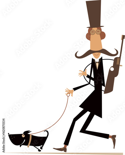Cartoon man with a gun and the dog goes hunting. 
Cartoon long mustache man in the top hat with a rifle and the dog goes hunting
