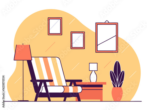Interior design line art showing a minimal setup modern chair, striped upholstery, side table, and wall frames.