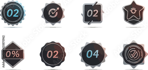 A collection of modern, metallic badge icons with numbers and symbols, perfect for design elements, representing concepts like progress, percentages, and achievements on a white background.