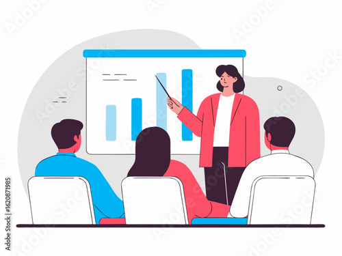 Businesswoman giving presentation with financial chart on whiteboard