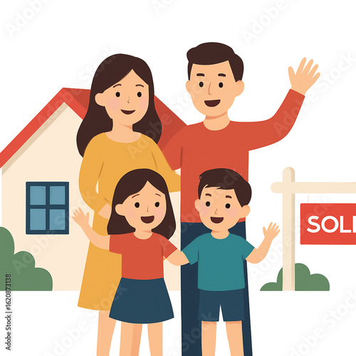 Happy family standing in front of their new house with a 'Sold' sign.