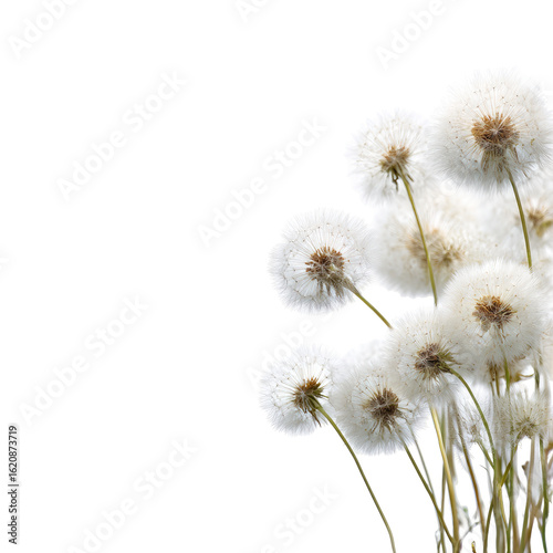 Fluffy white dandelion seed heads clustered in the corner of a black background