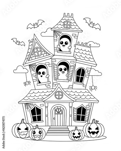 halloween haunted houseblack and white outline illustration. Coloring book for kids.