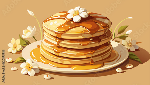 Close-up of stacked pancakes, golden and warm, drizzled with syrup that glistens gently, resting on a soft light beige surface, surrounded by delicate white flowers in serene balance.