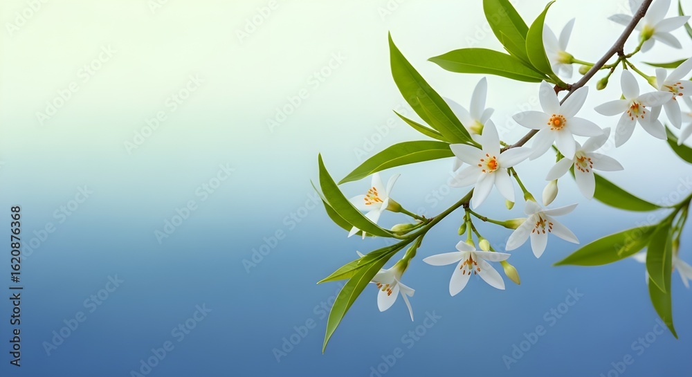 Obraz premium Delicate white star shaped flowers with green leaves on a soft blue and white gradient background