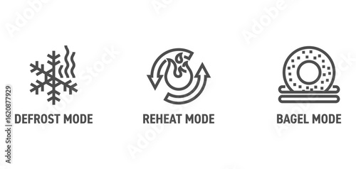 Toaster icons set - Defrost, Reheat, Bagel mode. in bold line