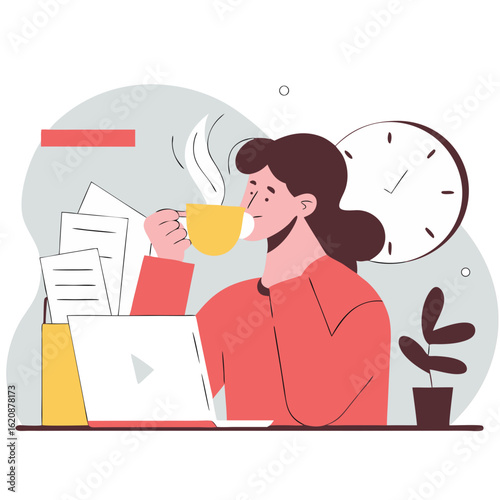 Coffee Break at Work: A professional takes a moment to sip a warm beverage, finding respite amidst a backdrop of office tasks and the ticking clock.