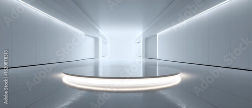 Futuristic White Corridor with Illuminated Platform