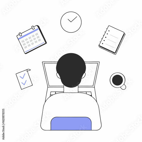 Productivity at Desk: A person, deeply engrossed in work at desk, surrounded by symbolic icons representing time management, planning, and task management, fostering an aura of productivity.