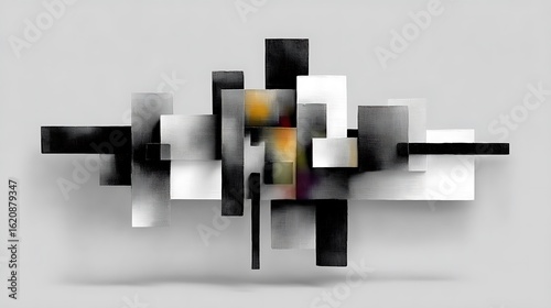 Bold graphic composition of offset layered rectangles in grayscale, mimicking folded paper and light depth cues