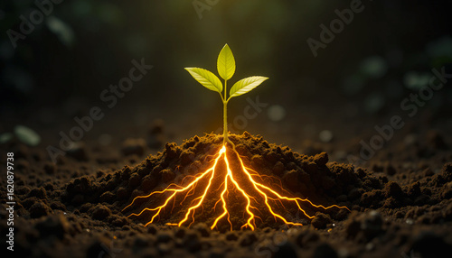 Fresh green seedling emerging from rich soil with luminous roots, representing environmental growth, sustainability, renewable energy, and natural life force.