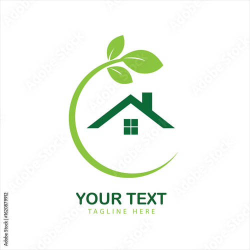 Eco-friendly house logo with green leaves, symbolizing nature protection