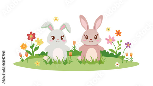 Two adorable bunnies sitting in a field of colorful flowers, isolated on white background a charming illustration perfect for easter, spring, or any project needing a touch of cuteness and whimsy