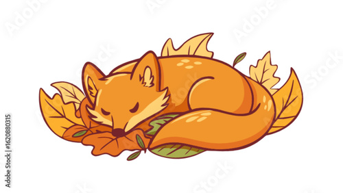 Cute cartoon fox sleeping on autumn leaves, isolated on white background adorable orange animal resting peacefully in a cozy bed of foliage during the fall season, a sweet and charming illustration