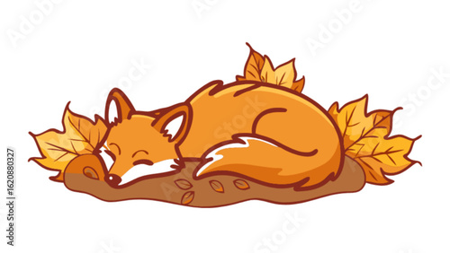 Cute cartoon fox sleeping on autumn leaves, isolated on white background adorable orange animal resting peacefully in a cozy bed of foliage during the fall season, a sweet and charming illustration