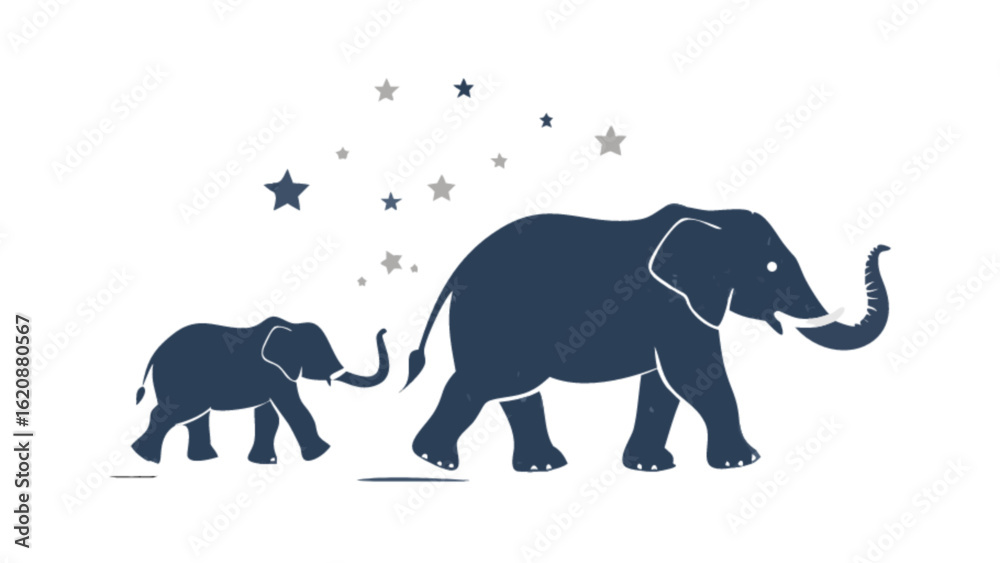 Fototapeta premium Illustration of a mother elephant walking with her baby under a starry sky, isolated on white background, creating a heartwarming scene of family and natures beauty in a minimalist design