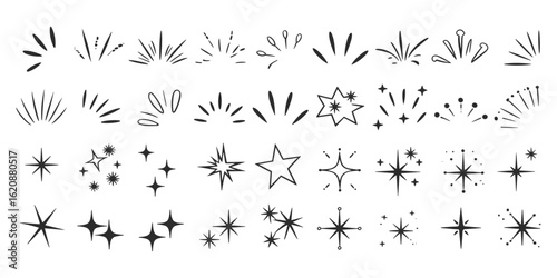 Doodle line sparkle, burst lines, and sparkle star icon vector illustration. Perfect for design, decoration, and creative projects with various shapes design.