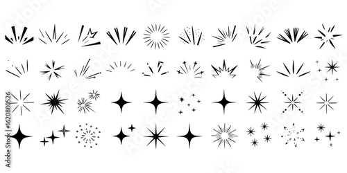 Doodle line sparkle vector set, hand drawn shining stars, comic burst elements, and decorative glowing sparkling star highlight. Cartoon explosion, dynamic light flash, twinkle star, firework effect.