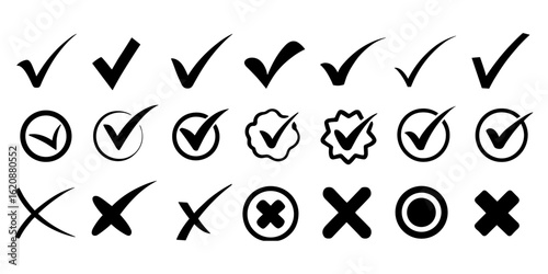 Checklist vector icon set, checkmarks, cross symbols, and clipboard designs vector style. Perfect for task management, to do lists, forms, and productivity related design.
