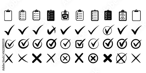 Checklist vector icon set, checkmarks, cross symbols, and clipboard designs vector style. Perfect for task management, to do lists, forms, and productivity related design.