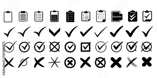 Checklist vector icon set, checkmarks, cross symbols, and clipboard designs vector style. Perfect for task management, to do lists, forms, and productivity related design.