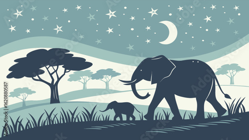 A serene african landscape featuring an elephant and its calf walking under a starry night sky with a crescent moon, showcasing the beauty of wildlife and nature in a tranquil scene