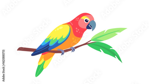 Colorful parrot perched on a branch with green leaves, isolated on white background, a vibrant tropical bird with red, yellow, and orange feathers, showcasing its exotic beauty in a simple illustratio