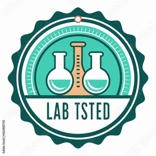 Retro style lab tested emblem featuring beakers and scientific equipment