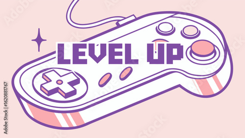 A retro game controller with the words level up evokes a sense of nostalgia and achievement in gaming culture, perfect for designs related to video games and entertainment