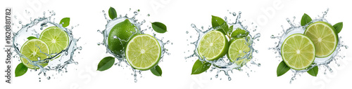 Fresh green limes with water splashes and mint leaves isolated on a transparent background offer a refreshing and healthy image