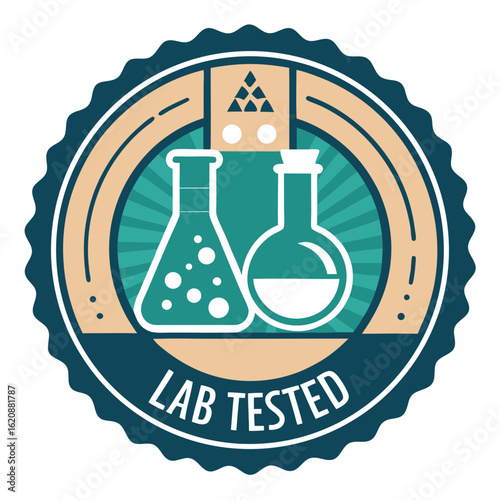 Lab tested badge featuring two flasks and scientific symbols