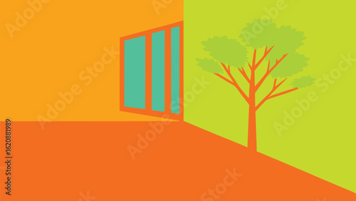 Abstract illustration of room with window and tree in vivid orange and green colors