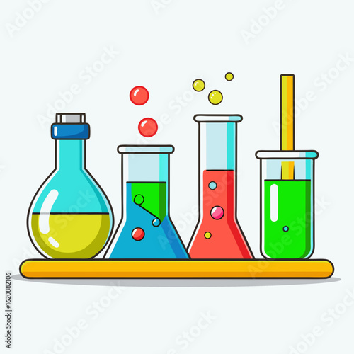 Colorful laboratory glassware with bubbling liquids and colorful spheres on a yellow shelf