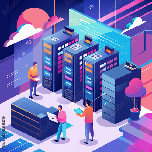 Modern data center with technicians managing servers and cloud technology