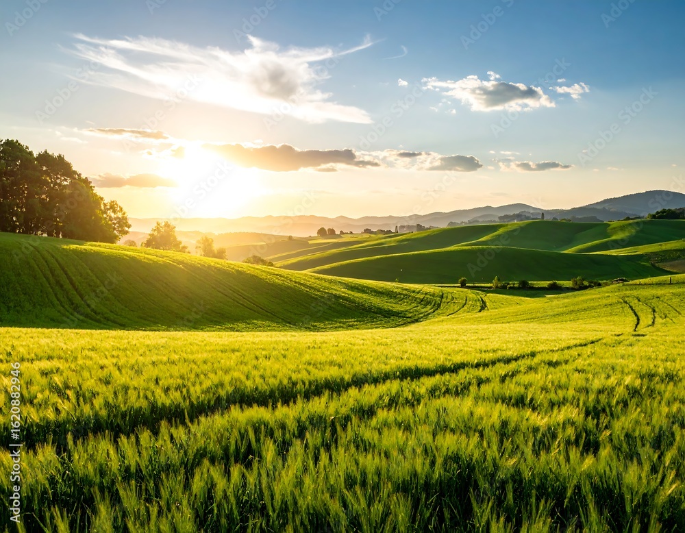 Obraz premium Lush green fields at sunset
